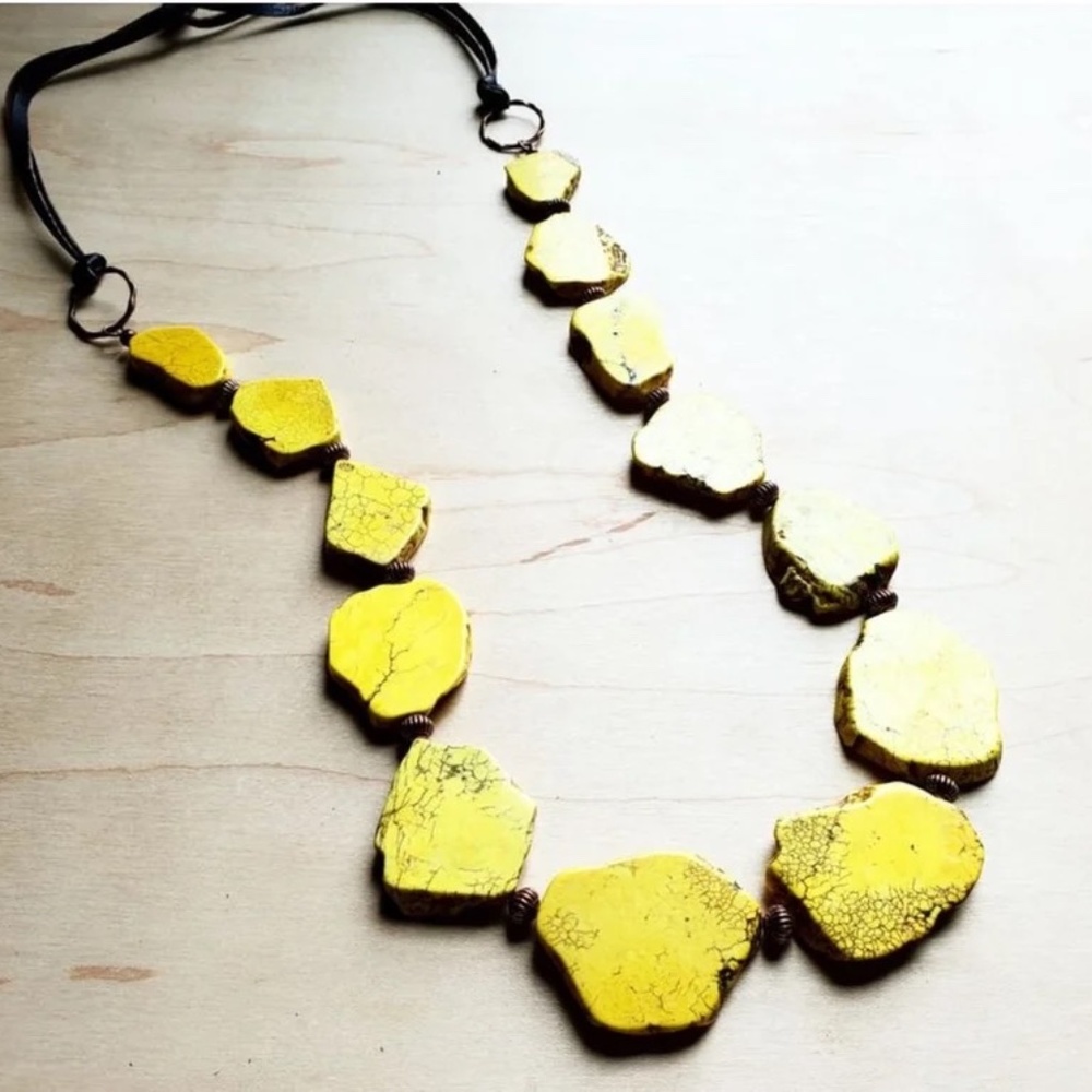 Yellow Turquoise Stone Slab Necklace w/ Leather Ties